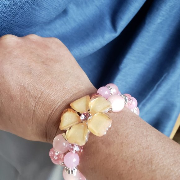 Pink Orange Flower Beaded Double Strand Bracelet Unbranded Elastic Stretchy - Picture 2 of 7